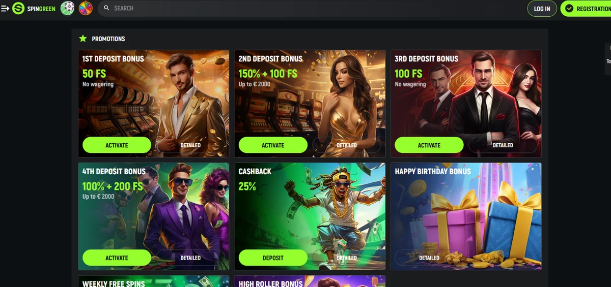 SpinGreen Casino promotions with deposit bonuses, free spins and cashback