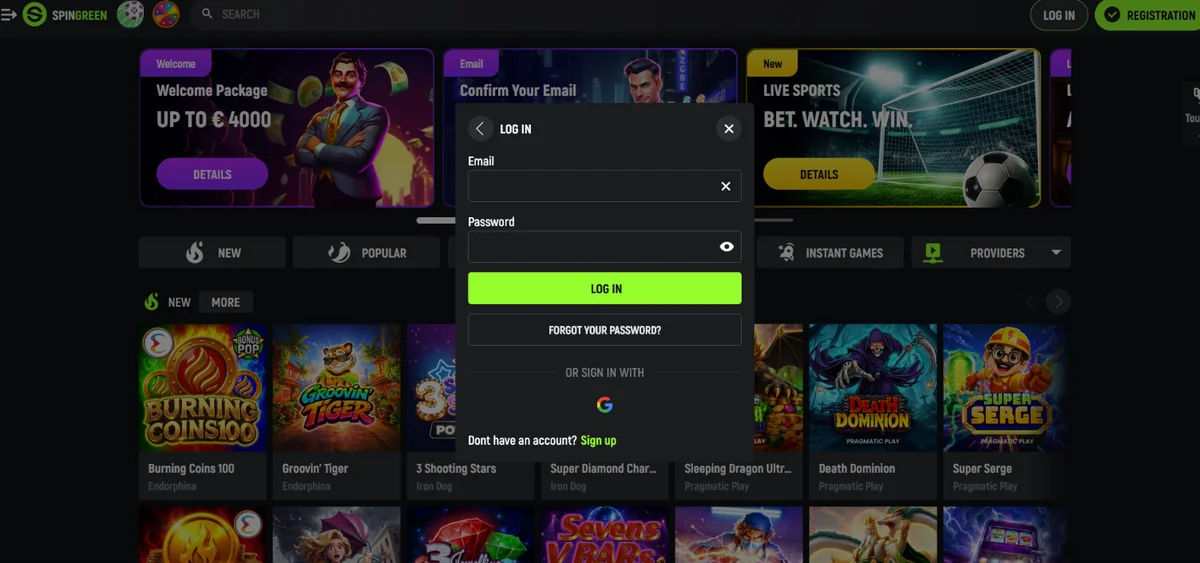 SpinGreen Casino login form displayed over the games lobby