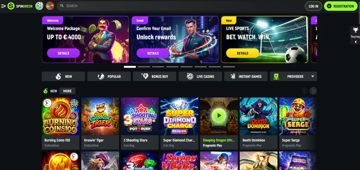SpinGreen Casino games lobby